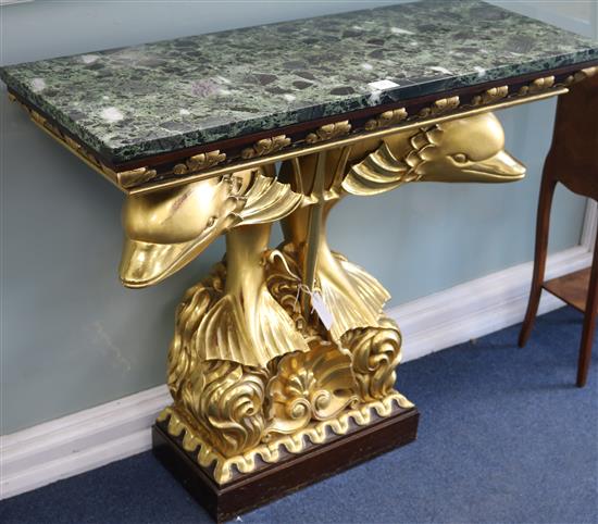 A Regency style giltwood console table, with green marble top and dolphin underframe, W.99cm D.38cm H.86cm